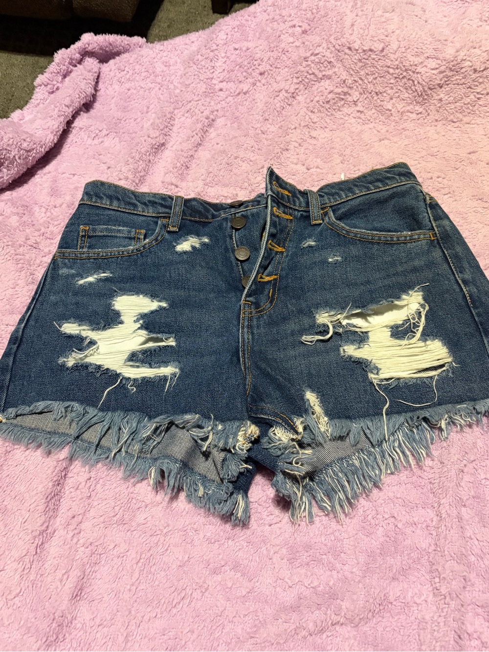 Cello Distressed Button-Front Denim Shorts in Blue
